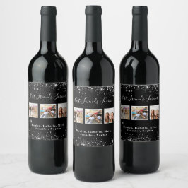 Etiqueta Para Botella De Vino Amigas para siempre polvo brillo plateado negro