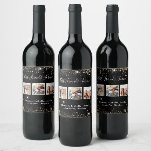 Etiqueta Para Botella De Vino Amigas para siempre polvo con brillo dorado negro