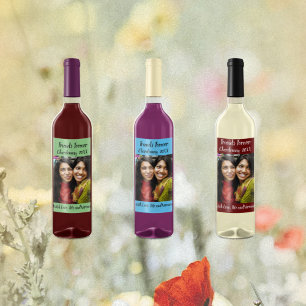 Etiqueta Para Botella De Vino Amigos personalizados de foto azul cielo para siem