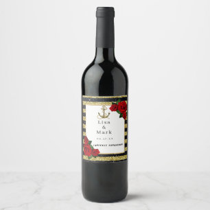 Etiqueta Para Botella De Vino Ancla náutica Tiras negras de oro