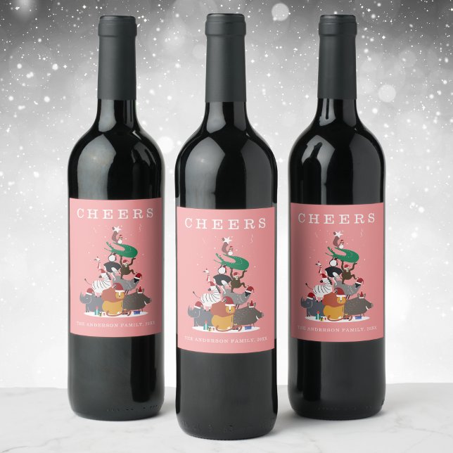 Etiqueta Para Botella De Vino Animales de vida silvestre Navidad (Wildlife Animals Christmas Tree Holiday Wine Label)
