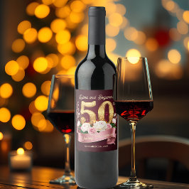 Etiqueta Para Botella De Vino Aniversario del 50° Boda de la Floral Blanca Rosa