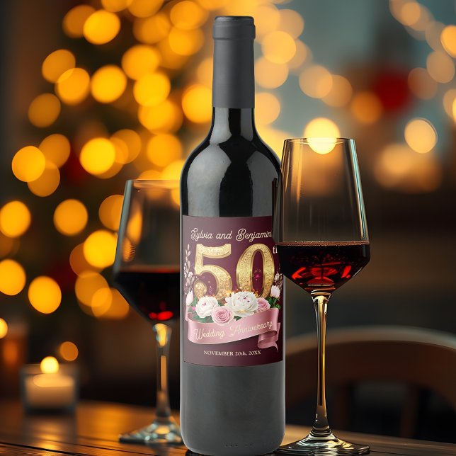 Etiqueta Para Botella De Vino Aniversario del 50° Boda de la Floral Blanca Rosa (Subido por el creador)