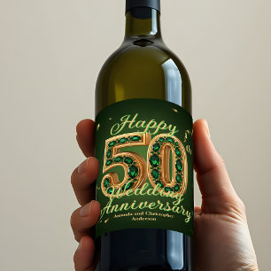 Etiqueta Para Botella De Vino Aniversario del oro y verde esmeralda 50° Boda