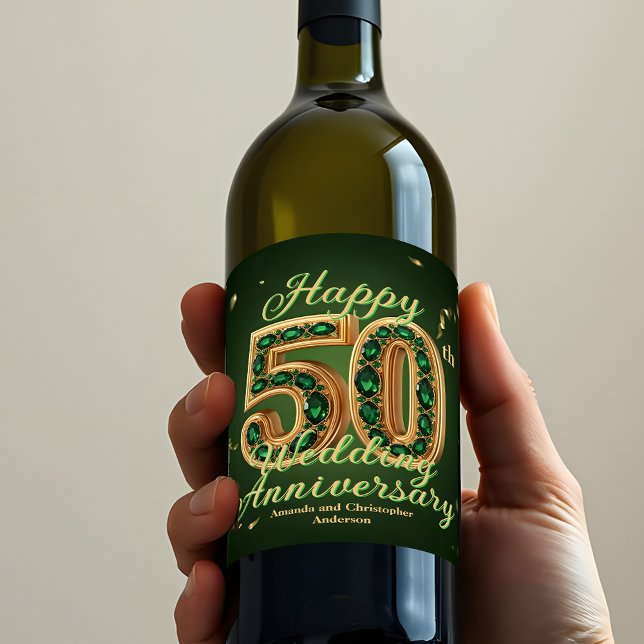 Etiqueta Para Botella De Vino Aniversario del oro y verde esmeralda 50° Boda (Subido por el creador)