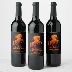 Etiqueta Para Botella De Vino Año 2026 del Caballo de Fuego del Zodiaco Chino