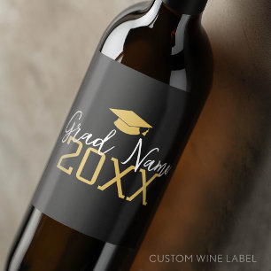 Etiqueta Para Botella De Vino Año Grande - Nombre y gorro - Graduación de oro ne