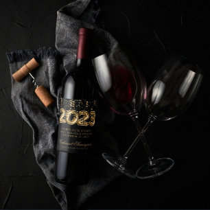 Etiqueta Para Botella De Vino Año Nuevo 2023 Confeti de Globos Dorados y Negro