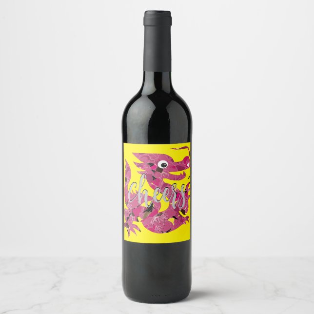 Etiqueta Para Botella De Vino año rojo del dragón con letra china amarilla (Anverso)