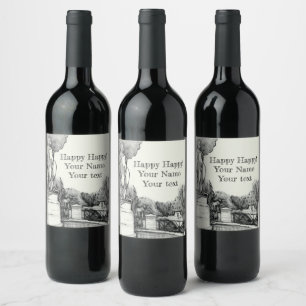 Etiqueta Para Botella De Vino Antigua fuente en el parque con el niño de la escu