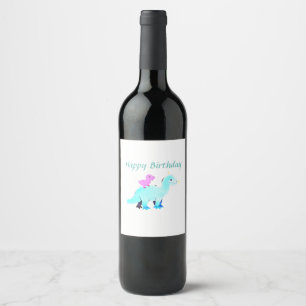 Etiqueta Para Botella De Vino Anuncio de cumpleaños de dinosaurio con acuarela a