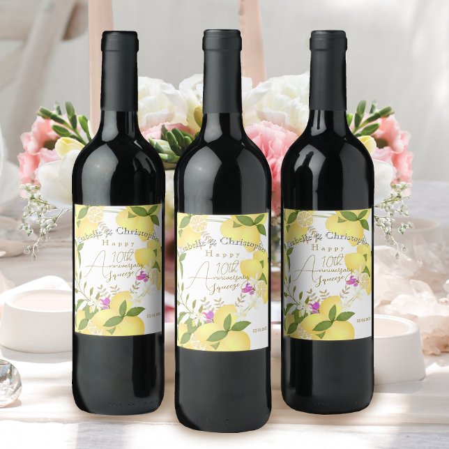 Etiqueta Para Botella De Vino Apretar limón  (10th Wedding Anniversary Wine Label)