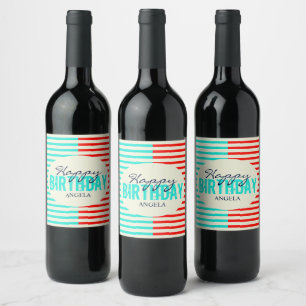 Etiqueta Para Botella De Vino Aqua y Red Feliz Cumpleaños