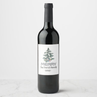 Etiqueta Para Botella De Vino Arbol botánico de pino de nieve de cereza