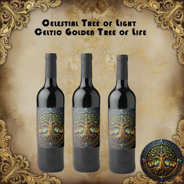 Etiqueta Para Botella De Vino Árbol Celestial de Luz Árbol Celta de Oro de la Vi