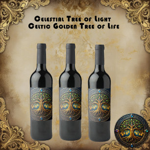 Etiqueta Para Botella De Vino Árbol Celestial de Luz Árbol Celta de Oro de la Vi