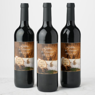 Etiqueta Para Botella De Vino Árbol de Birch Rústico y Boda de Madera de Barn
