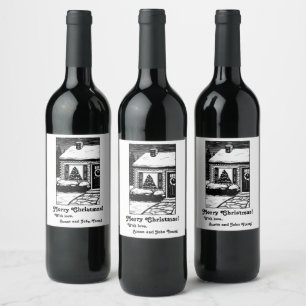 Etiqueta Para Botella De Vino Árbol de la casa de los navidades en ventana blanc
