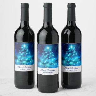 Etiqueta Para Botella De Vino Árbol de Navidad azul Guay con luces resplandecien