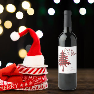 Etiqueta Para Botella De Vino Árbol de Navidad con Patrón de Cuadro Escocés Rojo