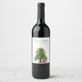 Etiqueta Para Botella De Vino Árbol de Navidad con presente rojo