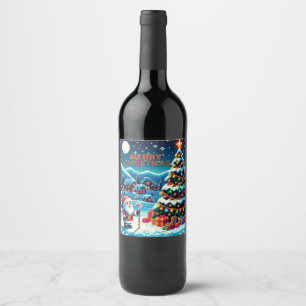 Etiqueta Para Botella De Vino árbol de Navidad de 8 bits y Papá Noel