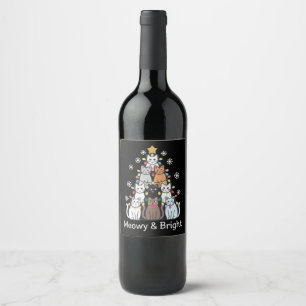 Etiqueta Para Botella De Vino Árbol de Navidad Gatos Meowy Brillante Navidad