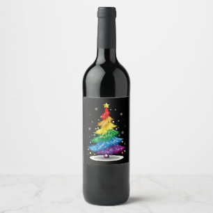 Etiqueta Para Botella De Vino Árbol de Navidad Gay LGBT Orgullo Arcoíris Feliz N