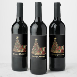 Etiqueta Para Botella De Vino Árbol de Navidad Literario Acogedor de Libros Am