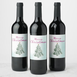 Etiqueta Para Botella De Vino Árbol de Navidad minimalista en acuarela verde sal