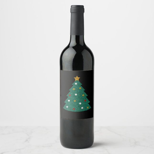Etiqueta Para Botella De Vino Árbol de Navidad purpurina (Anverso)