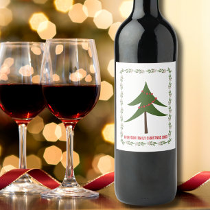 Etiqueta Para Botella De Vino Árbol de Navidad Retro Vintage y Nombre de Familia