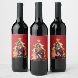 Etiqueta Para Botella De Vino Árbol de Navidad Rojo Brillante Foto Personalizada