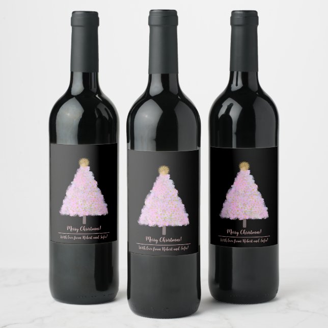 Etiqueta Para Botella De Vino Árbol de navidad rosa (Botellas)