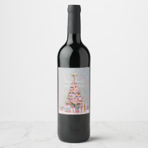 Etiqueta Para Botella De Vino Árbol de Navidad rosa y dorado con impasto