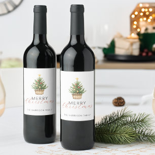 Etiqueta Para Botella De Vino Árbol de Navidad rústico en cesta