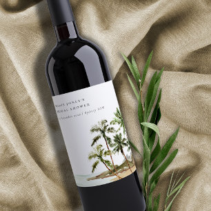 Etiqueta Para Botella De Vino Árbol de Palma Tropical Rústico Playa Arena Desped