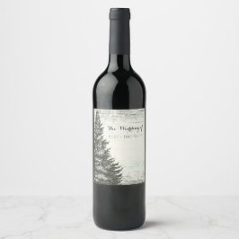 Etiqueta Para Botella De Vino Árbol de pino de invierno rústico y vino de boda d