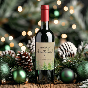 Etiqueta Para Botella De Vino Árboles de Pino Rústicos Feliz Navidad