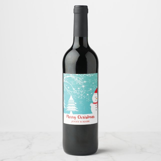 Etiqueta Para Botella De Vino Árboles nevados y Snowman (Anverso)