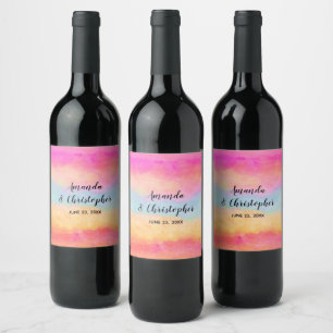Etiqueta Para Botella De Vino Arcoiris amarillo rosado Abstract Strips Boda