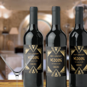 Etiqueta Para Botella De Vino Art Deco alienta al Boda negro de oro