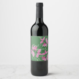 Etiqueta Para Botella De Vino Arte acuarela de flores silvestres rosadas y verde
