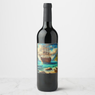 Etiqueta Para Botella De Vino Arte de barcos de playa caribeños/tropicales