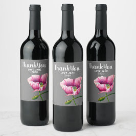Etiqueta Para Botella De Vino Arte de flores de acuarela de adormidera rosa