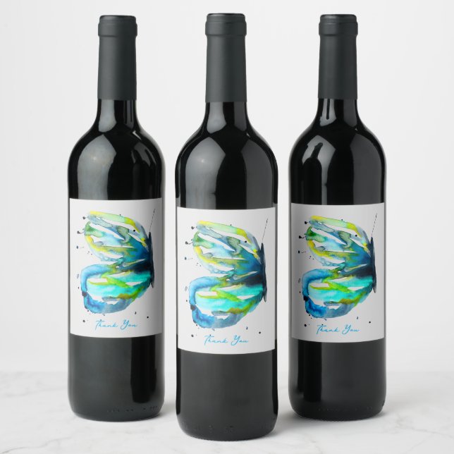 Etiqueta Para Botella De Vino Arte de mariposa acuarela azul (Botellas)