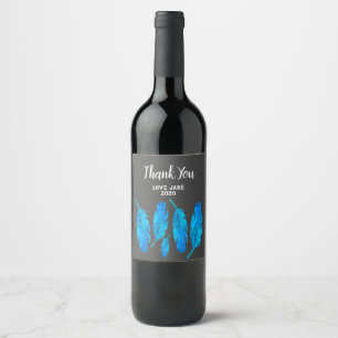 Etiqueta Para Botella De Vino Arte de plumas de color azul boho acuático