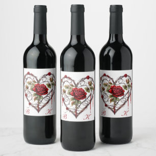 Etiqueta Para Botella De Vino Arte de vid gótica con rosa roja corazón vintage e