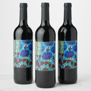Etiqueta Para Botella De Vino Arte floral vibrante maximalista azul y verde