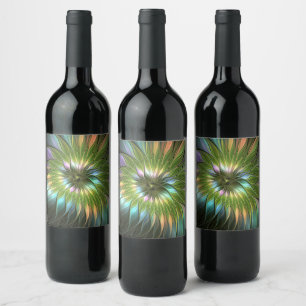 Etiqueta Para Botella De Vino Arte fractal de flores de fantasía coloridas lumin